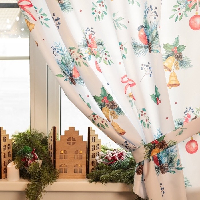 Комплект штор для кухни с подхватами Christmas wreaths 145×180 см - 2 штуки, габардин