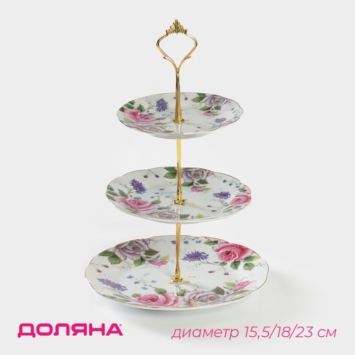Этажёрка для фруктов и десертов Доляна «Томная роза», 3 яруса, d=15.5×18×23 см, керамика, белая