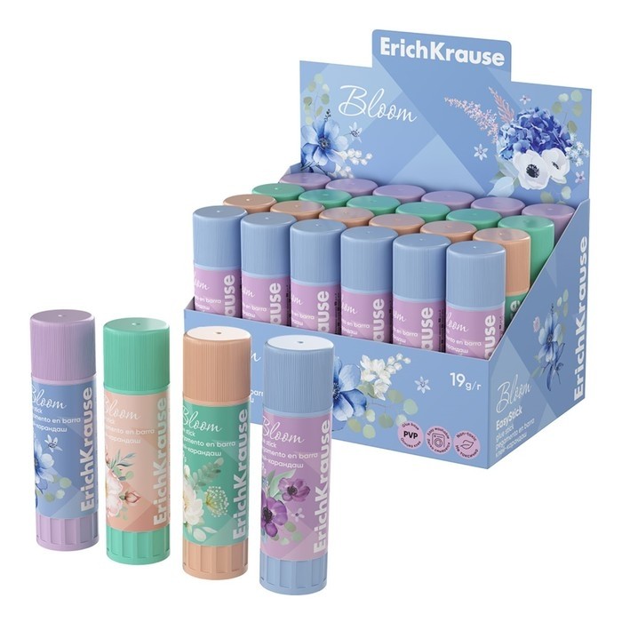 Клей-карандаш 19г ErichKrause EasyStick "Pastel Bloom" PVP, экономичный расход, микс (Цена за 2 шт.)