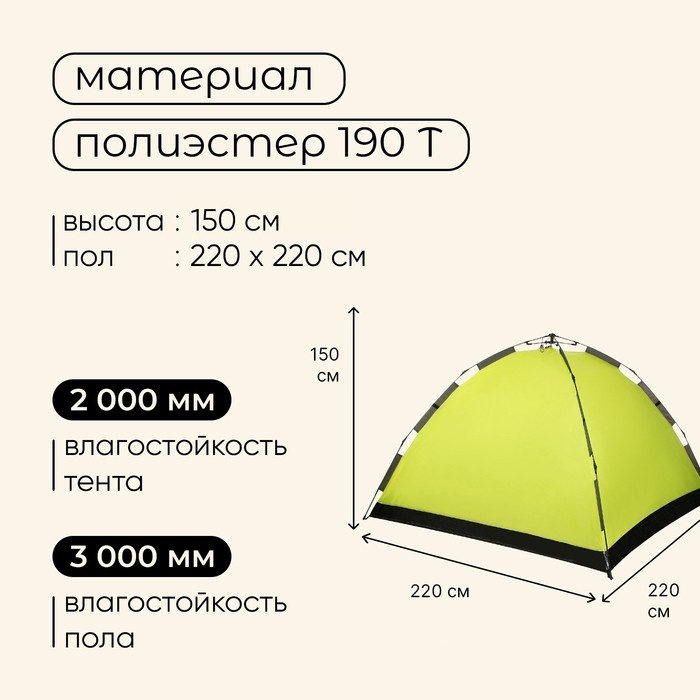 Палатка туристическая 3-местная maclay SWIFT 3, 220×220×150 см, автоматическая, трекинговая, однослойная, зелёная