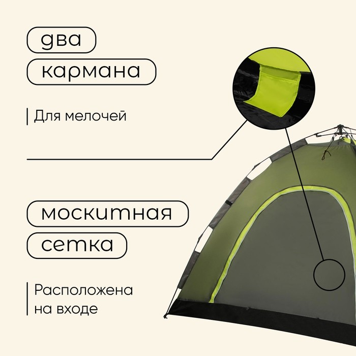 Палатка туристическая 3-местная maclay SWIFT 3, 220×220×150 см, автоматическая, трекинговая, однослойная, зелёная