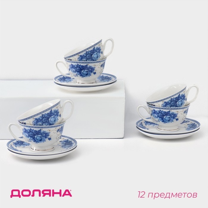 Сервиз чайный Доляна «Аззурро», 12 предметов: 6 чашек 240 мл, 6 блюдец d=15.2 см, фарфор, белый