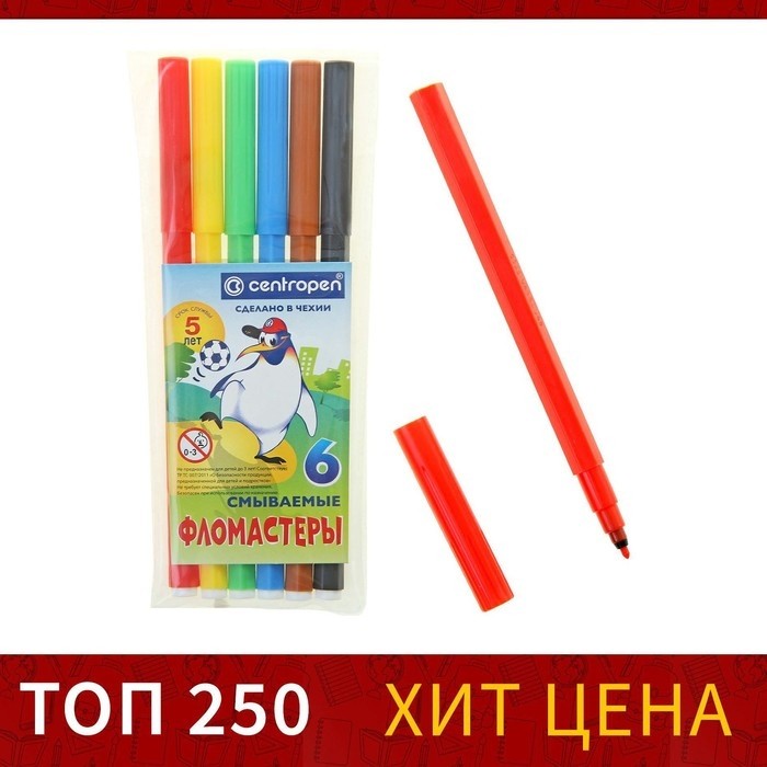 Фломастеры 6 цветов Centropen «Пингвины» 7790/06, линия 1.0 мм, пластиковый конверт