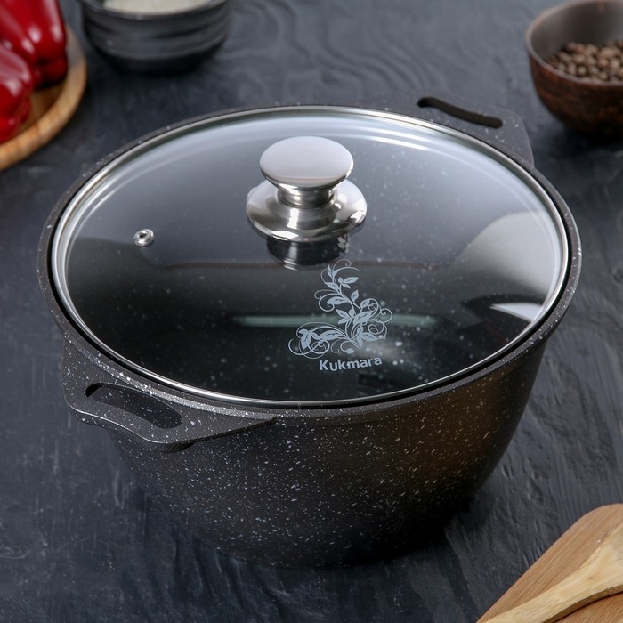 Кастрюля KUKMARA, 4 л, d=24 см, h=13.5 см, стеклянная крышка, антипригарное покрытие, литой алюминий, тёмно-серая