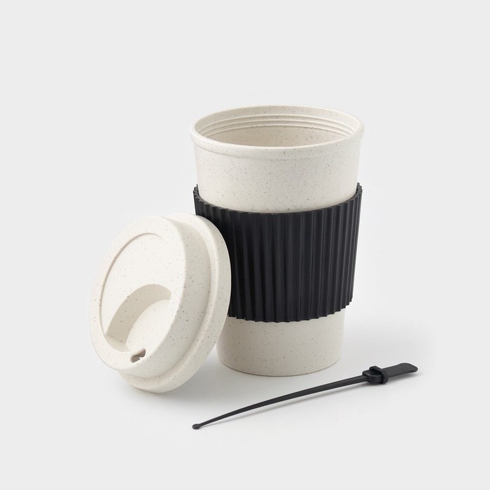 Стакан для кофе с крышкой WeatFiber, 350 мл, 8.8×14 см, пластик, многоразовый, белый, черный