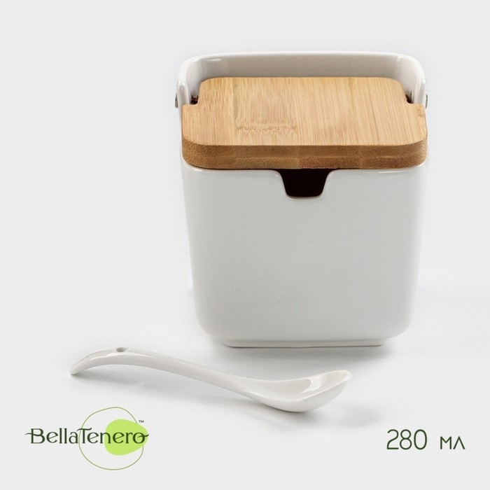 Банка для сыпучих продуктов BellaTenero, 280 мл, 9×9,5 см, с ложкой, бамбуковая крышка, фарфор, белая