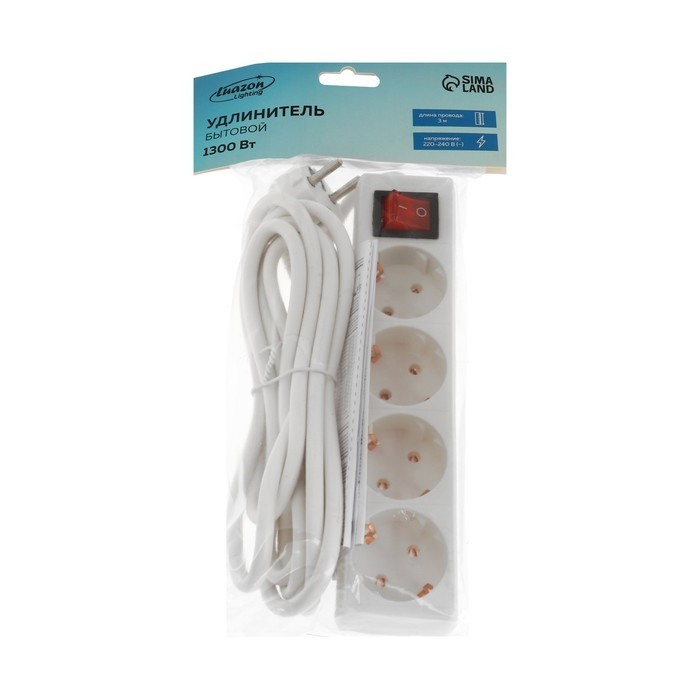 Удлинитель Luazon Lighting, 4 розетки, 3 м, 10 А, 1300 Вт, 3х0.75 мм2, с з/к, с выкл.,