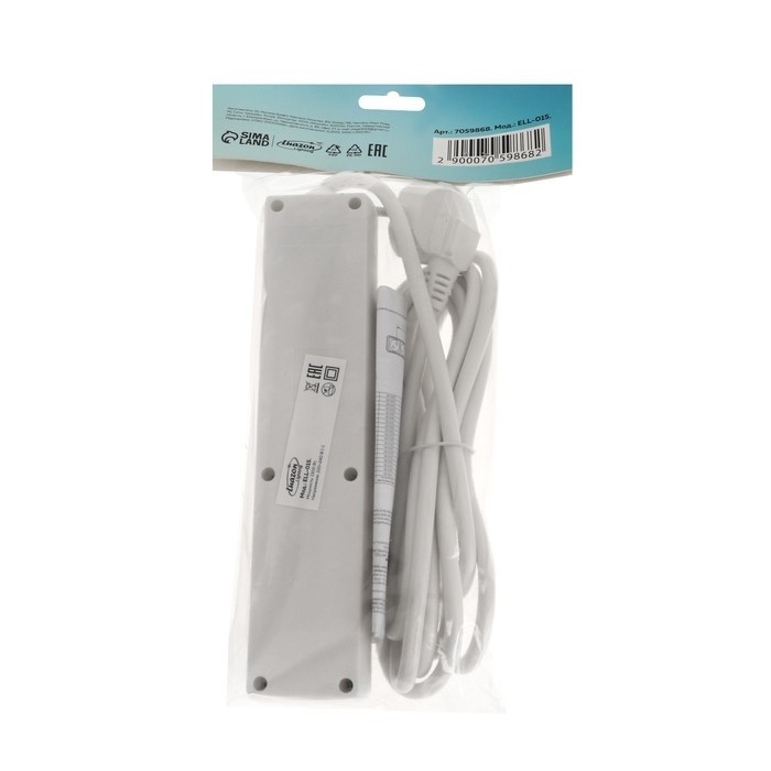 Удлинитель Luazon Lighting, 4 розетки, 3 м, 10 А, 1300 Вт, 3х0.75 мм2, с з/к, с выкл.,