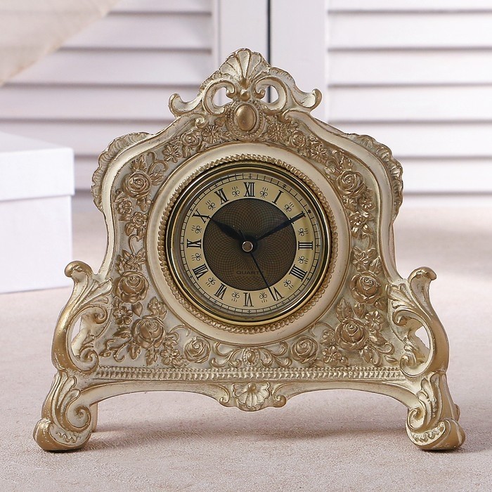 Часы настольные интерьерные каминные, 21×19 х 6.5 см, d=7 см, белые с позолотой