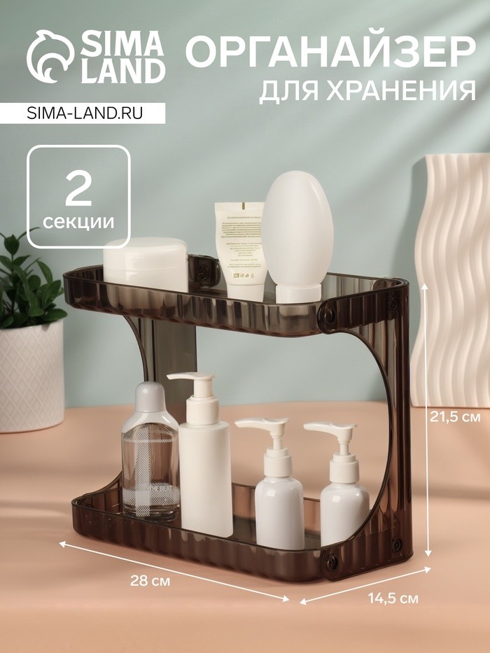 Органайзер для хранения, 2 секции, 28×14.5×21.5 см, чёрный, полупрозрачный