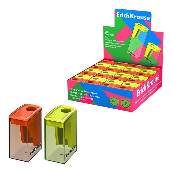 Точилка ErichKrause «City Mini» Neon, 1 отверстие, с контейнером, пластиковая, МИКС (Цена за 4 шт.)