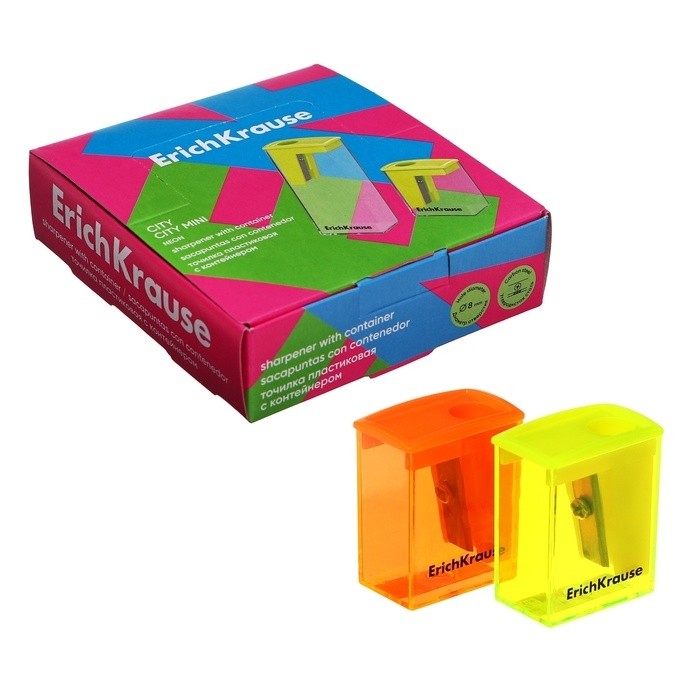 Точилка ErichKrause «City Mini» Neon, 1 отверстие, с контейнером, пластиковая, МИКС (Цена за 4 шт.)