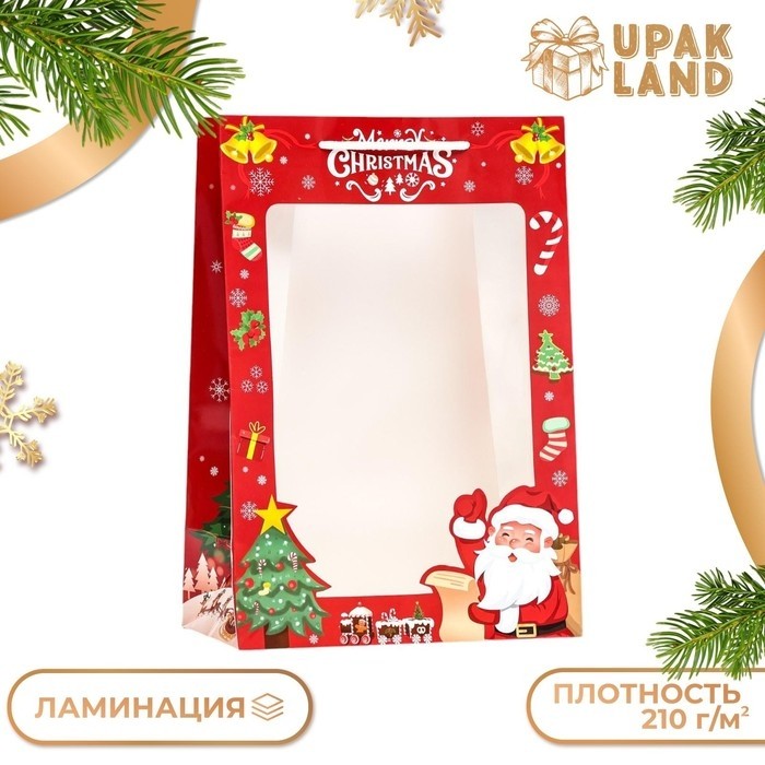 Пакет подарочный новогодний с окном «Дед мороз» 24×35×14 см (Цена за 10 шт.)