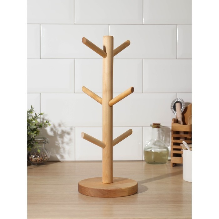 Подставка деревянная для кружек Adelica, основа d=13×1,8 см, высота 34 см, вешалка 6,5 см, берёза