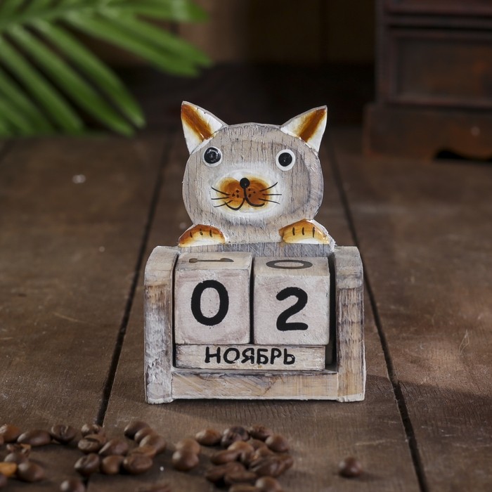 Вечный календарь «Кошка», 7×4×10 см, дерево