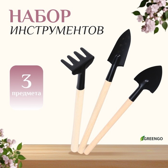 Набор садового инструмента для комнатных растений, 3 предмета: грабли, 2 лопатки, длина 24 см, деревянные ручки, Greengo