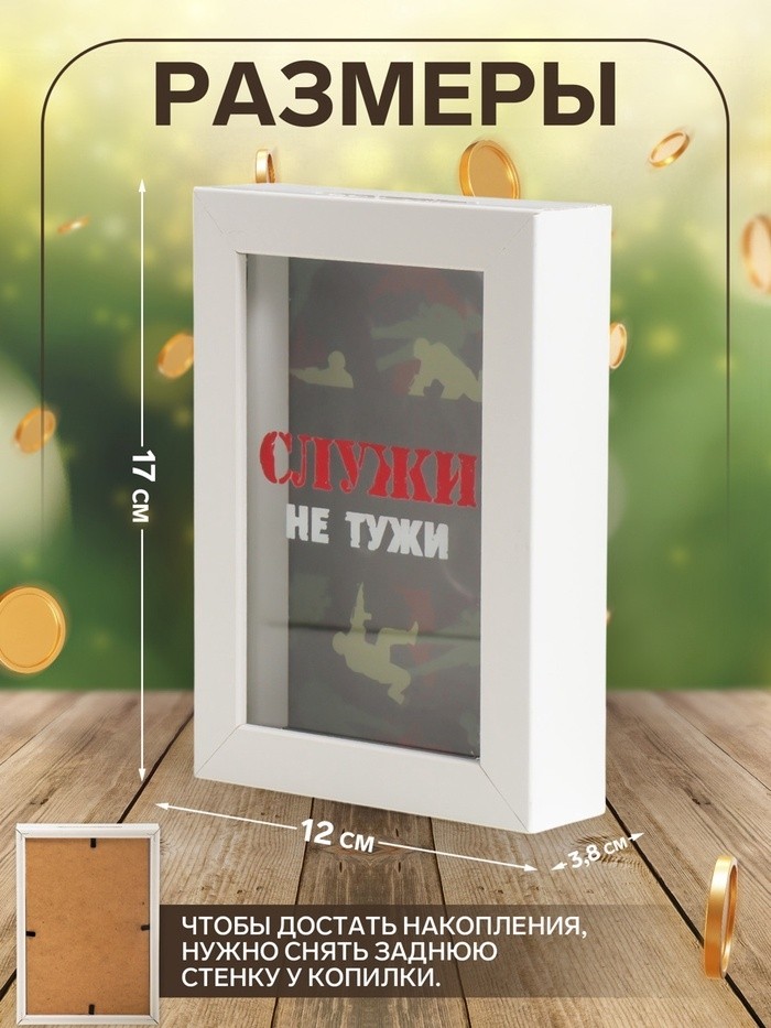 Интерьерная копилка для купюр и монет «Служи не тужи», пластик, 17×12×3.8 см