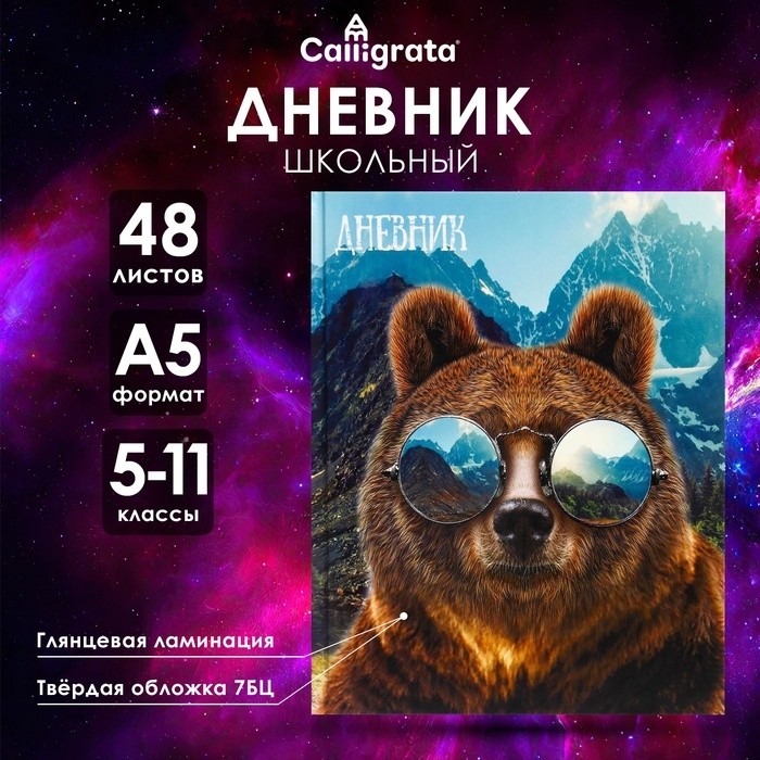 Дневник школьный для 5-11 классов, «Медведь в очках», твёрдая обложка 7БЦ, глянцевая ламинация, 48 листов