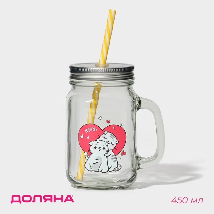 Кружка Доляна «Котик», 450 мл, 10×7.5×13 см, с ручкой, крышкой и трубочкой, стекло