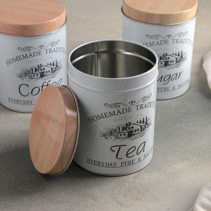 Банки жестяные для хранения сыпучих Sugar Coffee Tea, 1.2 л, 10.5×14 см, 3 шт., серые