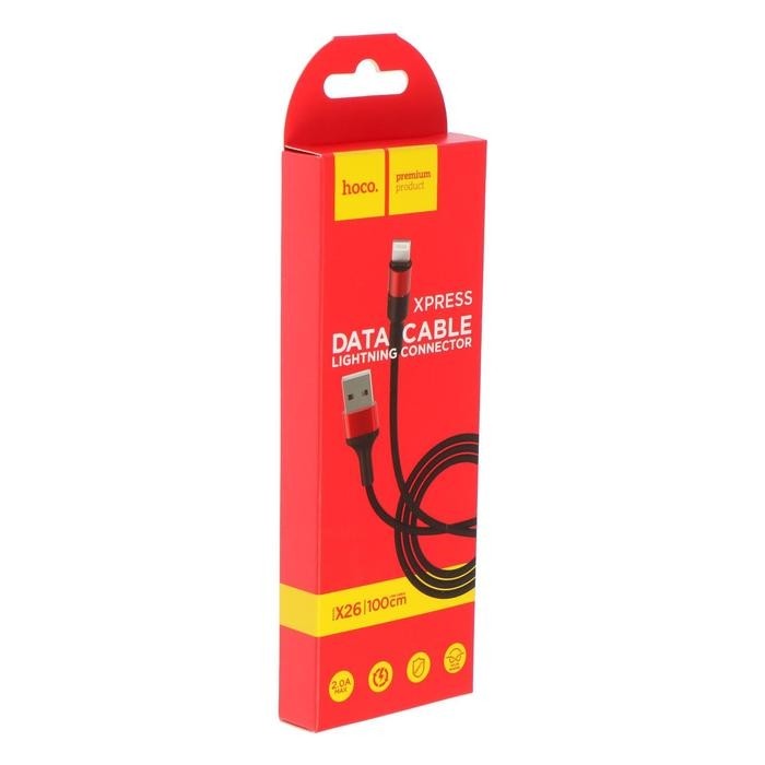 Кабель Hoco X26, Lightning - USB, 2 А, 1 м, нейлоновая оплётка, чёрно-красный