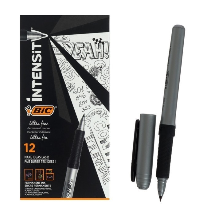 Перманентный маркер универсальный BIC Marking Ultra Fine, 0.8 мм, тонкое письмо, резиновый клип, чёрный (Цена за 12 шт.)