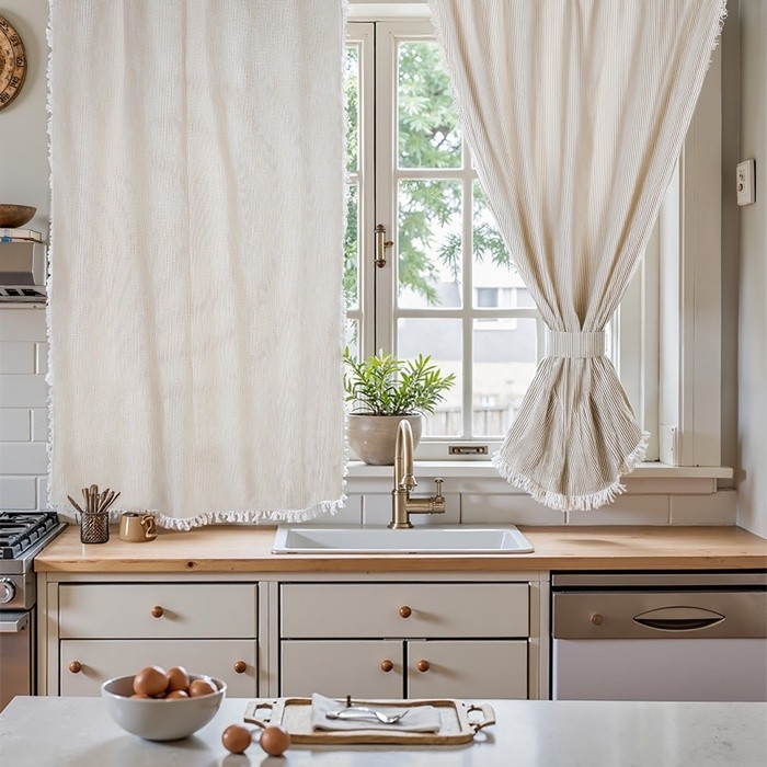Комплект штор для кухни SL HOME Direction 140×180 см-2 шт., подхваты 2 шт., лён 100%