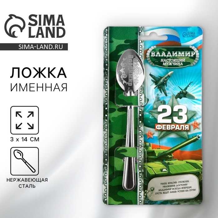 Ложка чайная именная с 23 Февраля «Владимир», 3×14 см (Цена за 3 шт.)