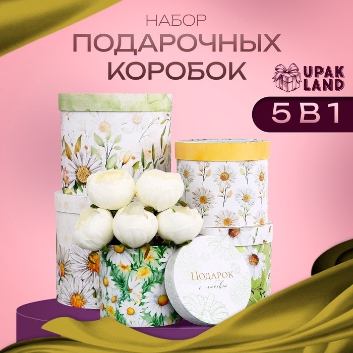 Набор шляпных коробок для цветов 5 в 1, упаковка подарочная, «Ромашки», 16×14 см - 22×19.5 см