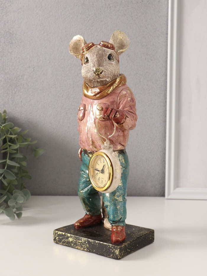Фигурка-часы настольные полистоун «Мышонок-пилот», 10.5×12.5×27.5 см