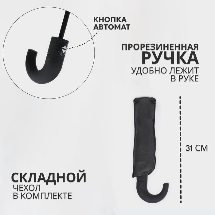 Зонт автоматический «Однотонный», 3 сложения, 8 спиц, R=48/55 см, D = 96 см чёрный