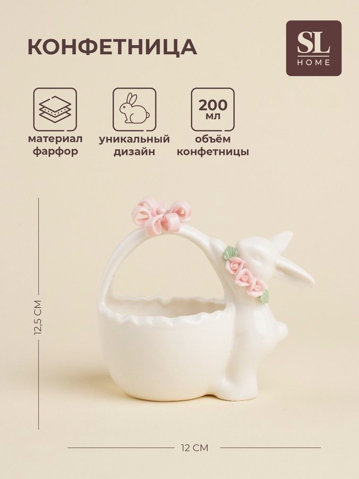 Конфетница SL Home «Лесные кролики», 12.5×8×12 см, фарфор, белая