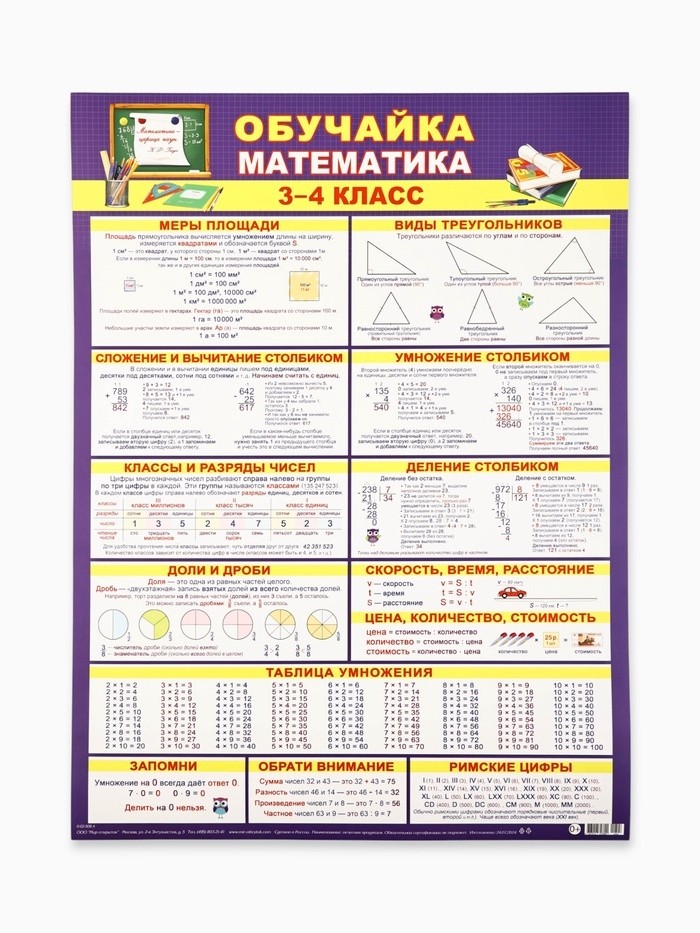 Плакат «Обучайка по математике 3-4 класс» А2
