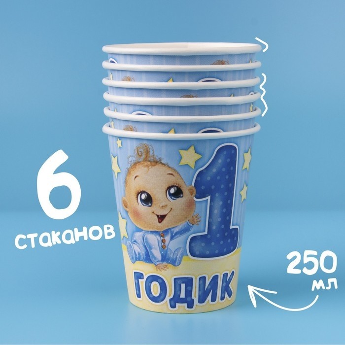 Посуда одноразовая бумажная для праздника «С днём рождения. 1 годик», набор, 6 тарелок, 6 стаканов, 6 колпаков, гирлянда