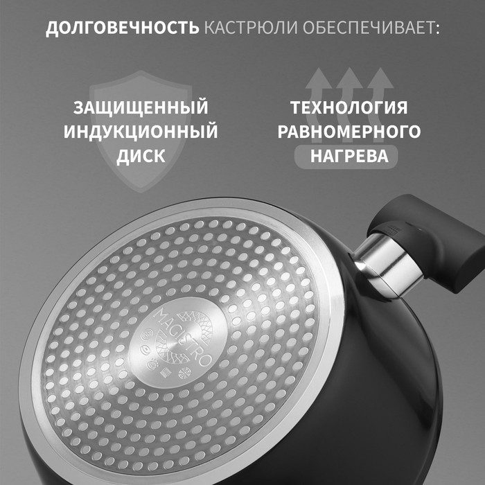 Кастрюля Magistro Warrior, 4 л, d=24 см, h=10.5 см, с крышкой, антипригарное покрытие, индукция, алюминий, чёрная