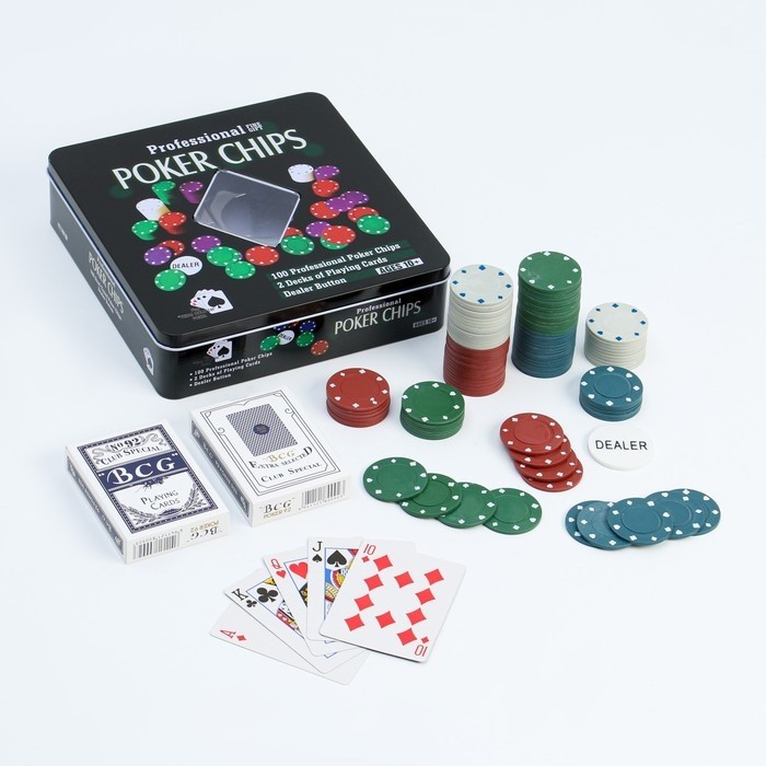 Покер, набор для игры (карты 2 колоды, фишки 100 шт.), без номинала