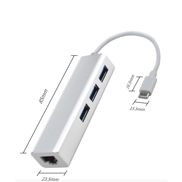 Type-C-разветвитель (HUB), 3 порта USB,порт ethernet, кабель 10 см, серебристый