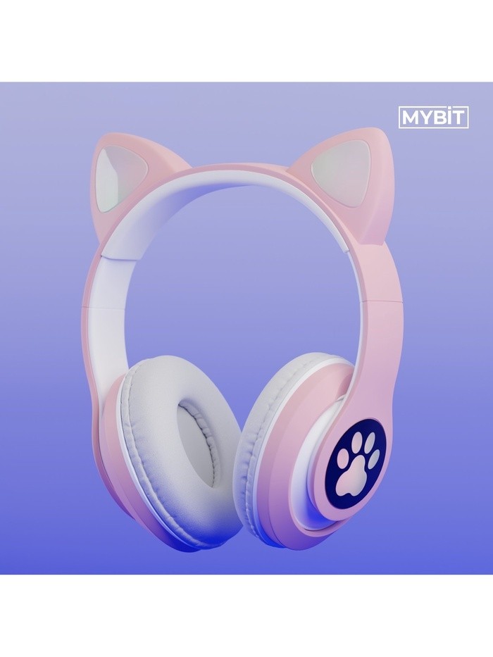 Наушники беспроводные, с ушками кошки, MYBIT W-32, Bluetooth 5.0, с микрофоном, AUX, microSD, MP3, 400 мАч, розовые
