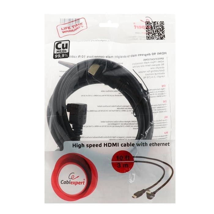 Кабель HDMI Cablexpert, HDMI(m)-HDMI(m), вер.1.4, 3 м, 19M/19M, угловой, черный