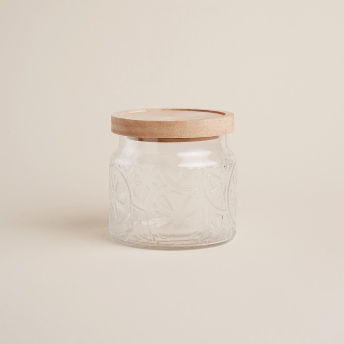 Банка для сыпучих SL Home «Валенсия», 1 л, 12×11.5 см, с деревянной крышкой, стекло, прозрачная
