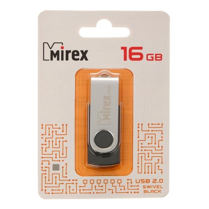 Флешка Mirex SWIVEL BLACK, 16 Гб, USB2.0, чт до 25 Мб/с, зап до 15 Мб/с, черная