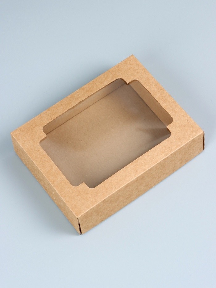 Коробка сборная без печати крышка - дно бурая с окном 18×15×5 см (Цена за 5 шт.)