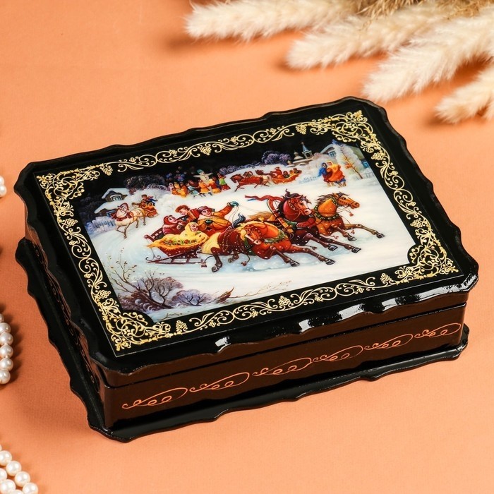 Шкатулка для украшений «Гонки на тройках», 17×23×6 см, лаковая миниатюра