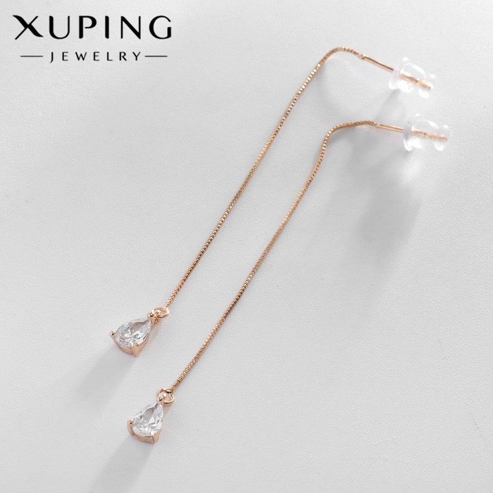 Серьги висячие со стразами XUPING протяжки, блеск, цвет белый в розовом золоте
