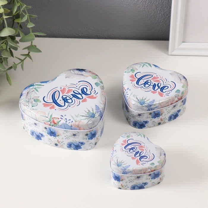 Набор шкатулок для хранения мелочей, украшений «Сердце. Любовь», 3 шт., металл, 10.5×12.6×5 см