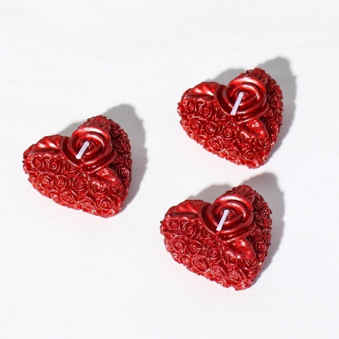Набор свечей "Сердце с розой", 3 шт, 5х2,5см, красный