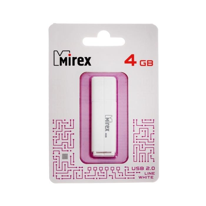 Флешка Mirex LINE WHITE, 4 Гб, USB2.0, чт до 25 Мб/с, зап до 15 Мб/с, белая