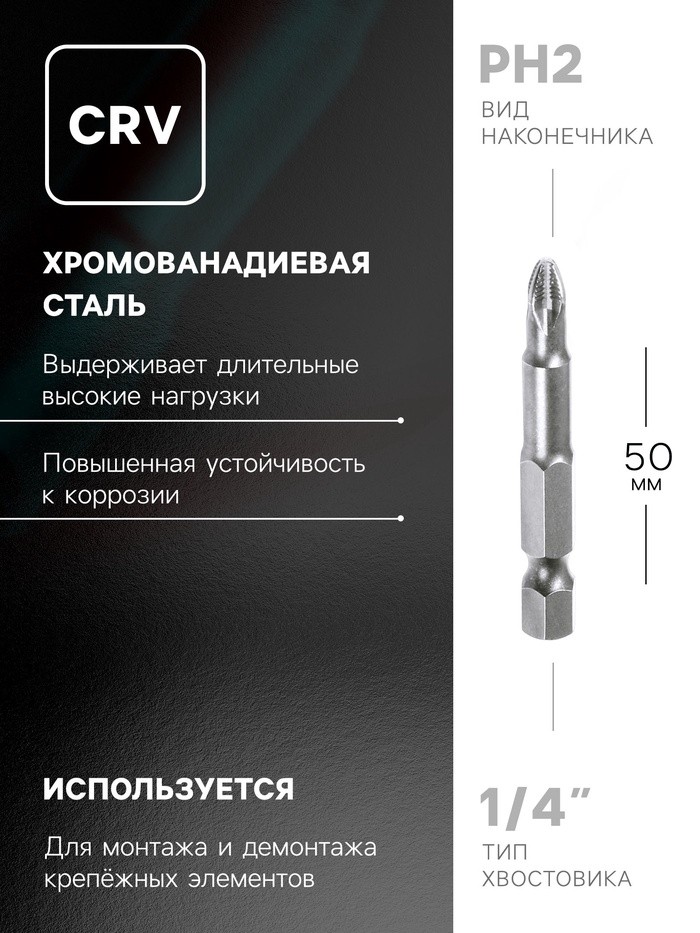 Биты ТУНДРА, намагниченные, сталь CrV, PH2 х 50 мм, 2 шт.