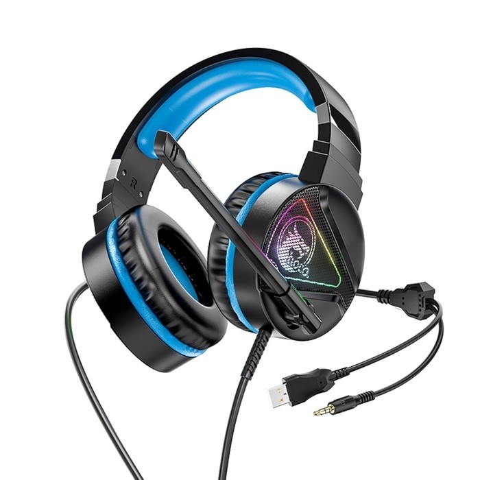 Наушники Hoco W104, игровые, накладные, микрофон, USB + 3.5 мм, 2 м, черно-синие