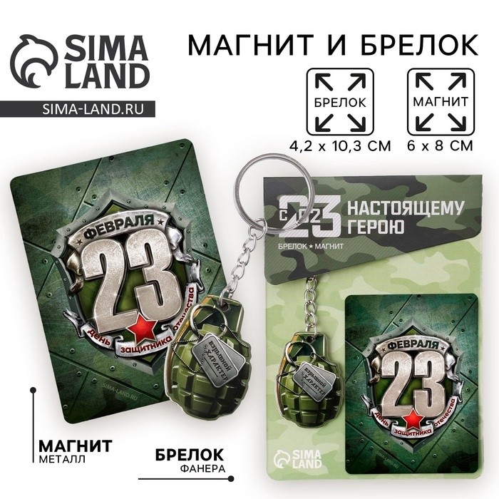 Магнит и брелок на 23 Февраля «Граната», подарочный набор : 2 предмета (Цена за 2 шт.)